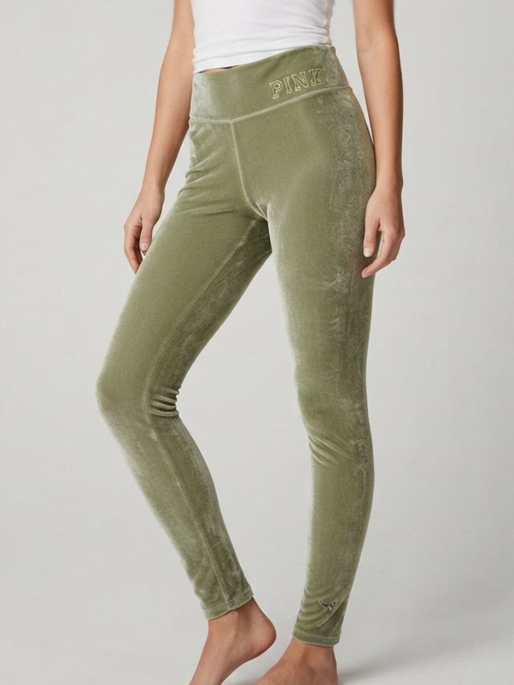 PINK Victoria's Secret Olive Green Velour Leggings with Branded Tag